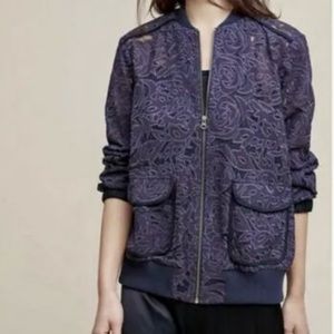 Anthropologie Elevenses Miranda Navy Blue Lace Bomber, sz S